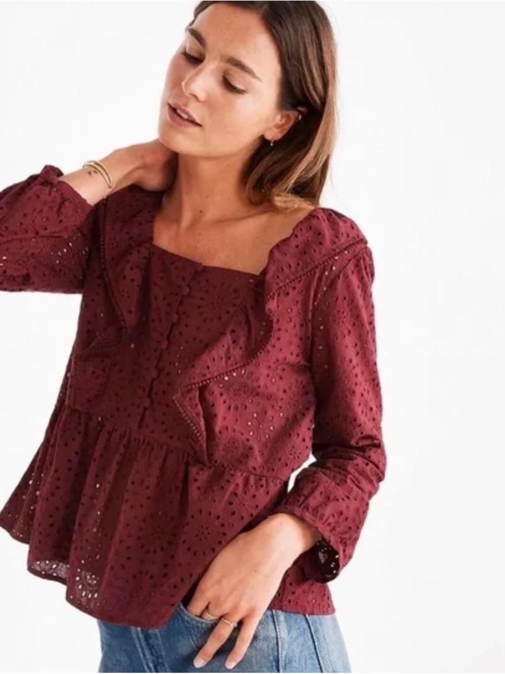 Madewell Burgundy Eyelet Ruffle Peplum Blouse